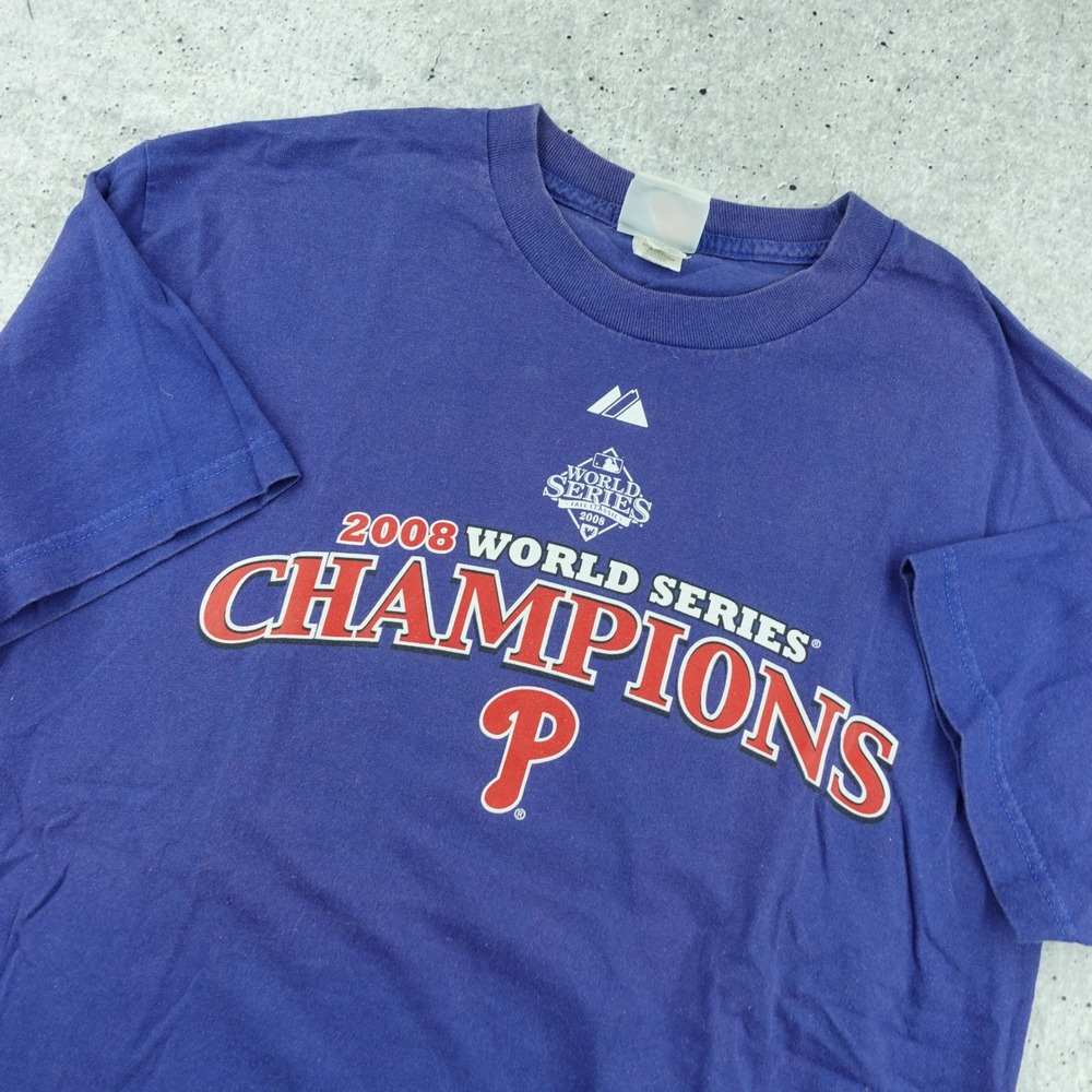 Majestic Philadelphia Phillies T Shirt Mens Large Blue 2008 World Series Champs